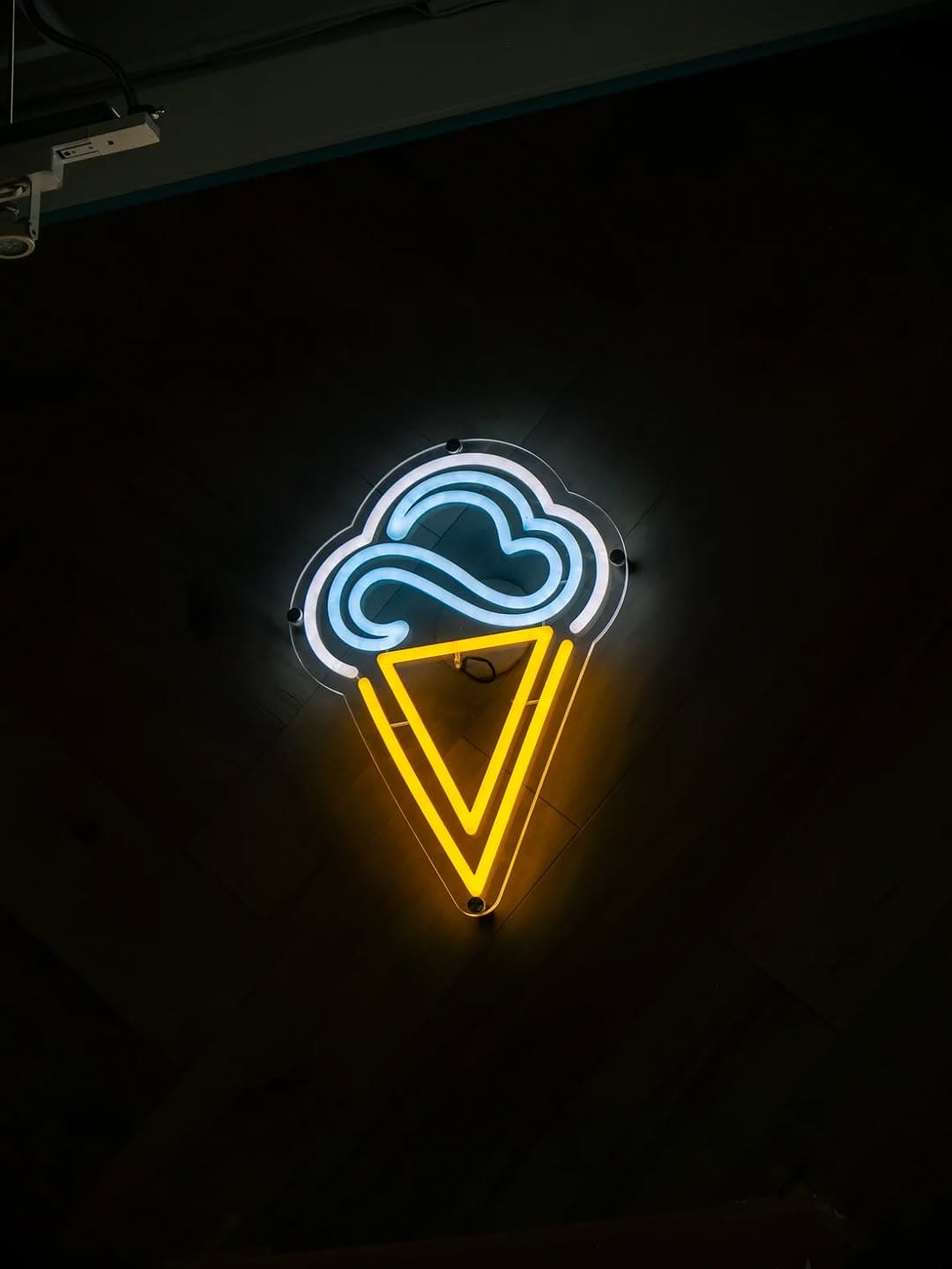 The dark shop at the end of the night, lit only by the neon cone