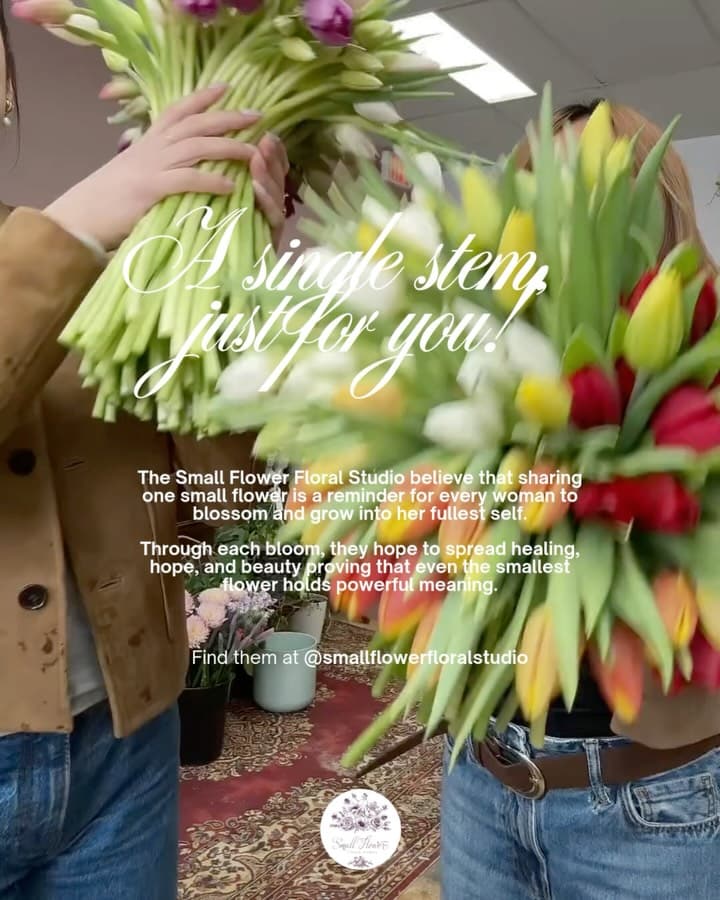 Bouquets of fresh tulips over the event's thank-you card graphic