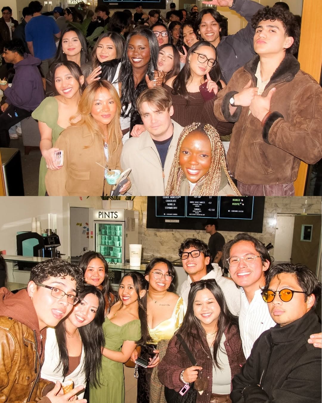 A packed room of guests caught on flash, all smiles and peace signs